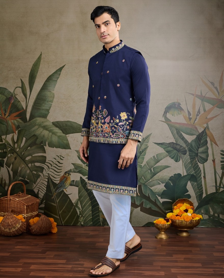 61234-navyblue - Stylish Navy Men's Kurta Koti Set – Elegant & Trendy